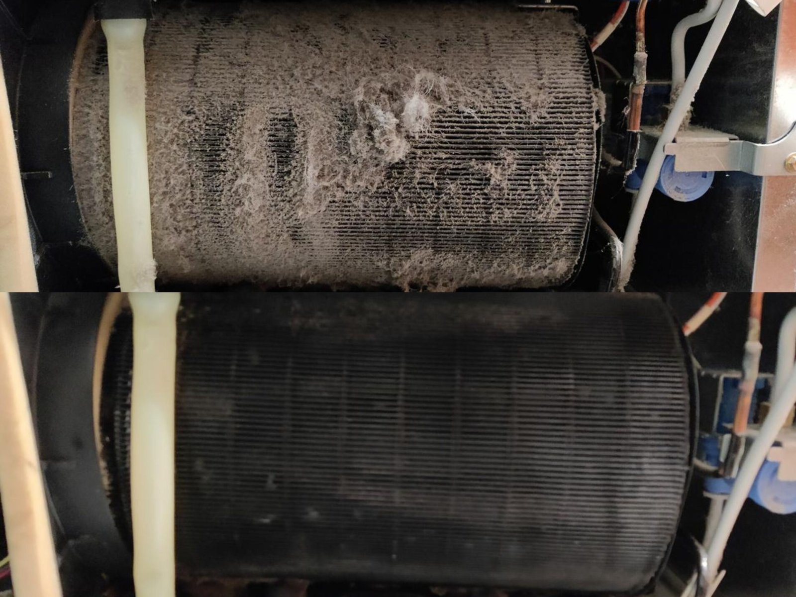 Technician cleaning dust and debris from Sub-Zero refrigerator condenser coils during professional maintenance service.