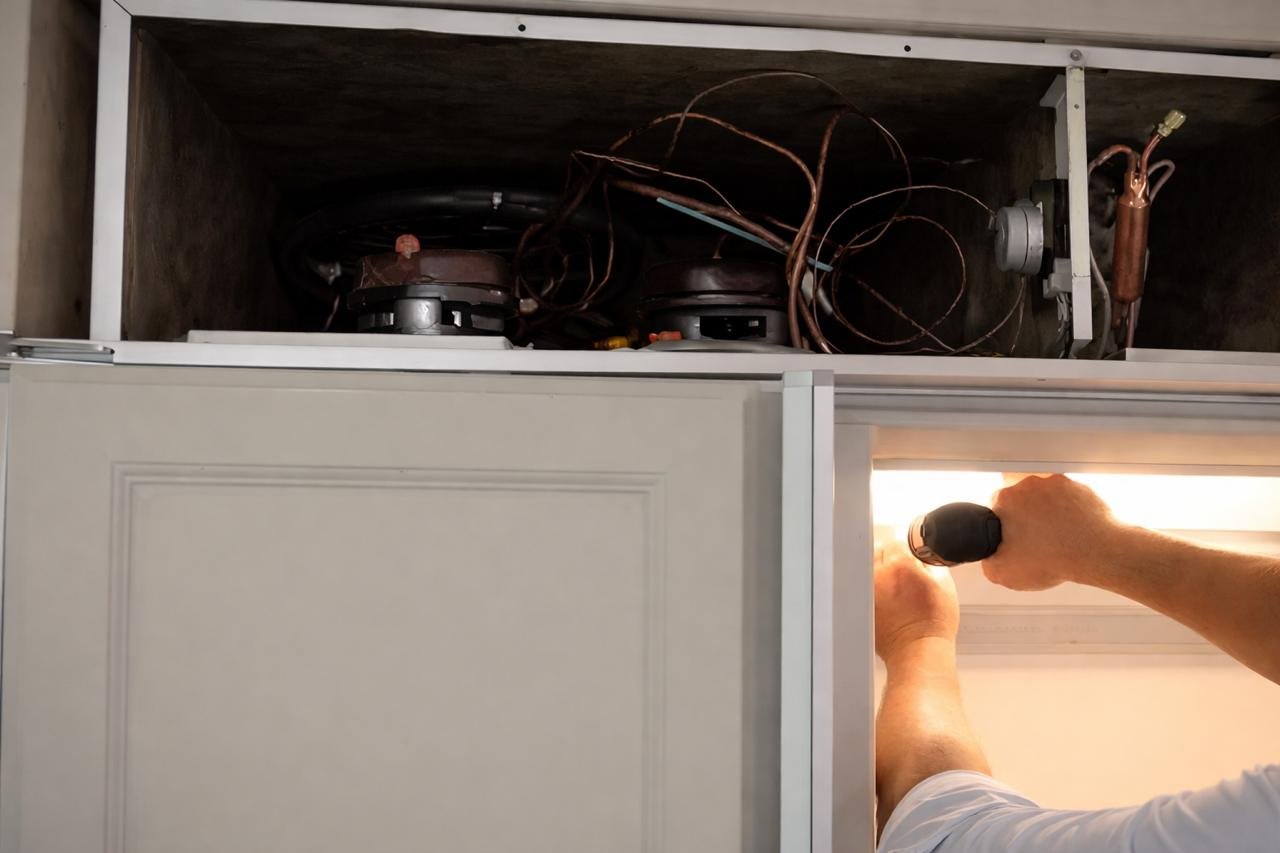 Professional appliance technician performing a complex repair on the evaporator assembly of a built-in refrigerator.